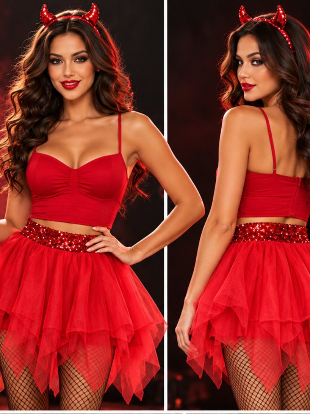 Red Devil Halloween Costume Set – Sequin Horn Headband & Layered Red Tulle Skirt
